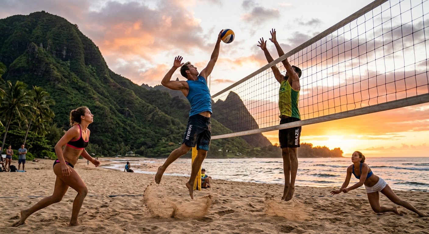 Beach volleyball players attacking and blocking at the net