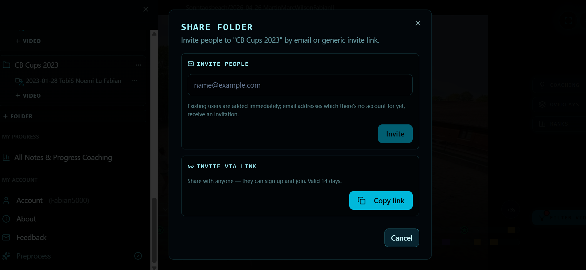 SideoutAI share folder dialog with email invites and a generic invite link