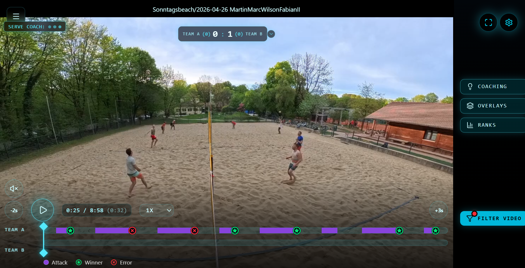 SideoutAI match review with a rally timeline, winners, errors and video filters