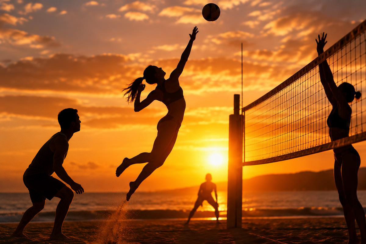 Silhouetted beach volleyball players spiking and blocking against a sunset, with a man crouched ready on the left